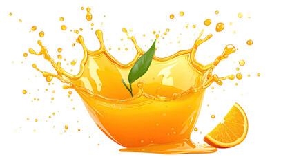 Orange juice splash with leaf and slice, on black backdrop