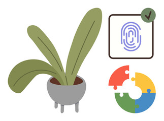 Indoor plant symbolizing sustainability, fingerprint scan with verification, and colorful puzzle piece chart. Ideal for technology, ecology, teamwork, strategy, innovation identity growth. Simple