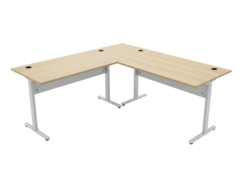 Isolated L-shaped workstation office desk with wooden top and metal legs furniture