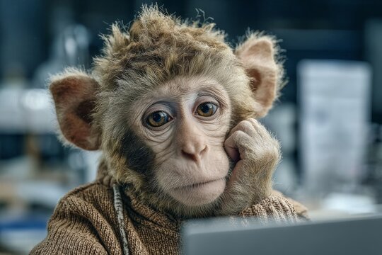 Morning antics: ape at laptop with a comical expression. Ape fear. The real cost of chasing crypto dreams and fast profits. Digital money guide. Morning fun.