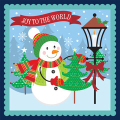 Christmas card with snowman and tree