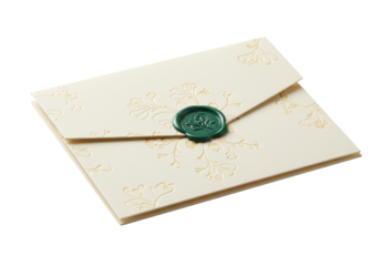 Isolated invitation envelope with decorative floral motif and dark green sealing wax stamper