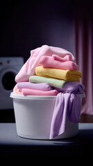 Freshly laundered clothes in a bucket after washing
