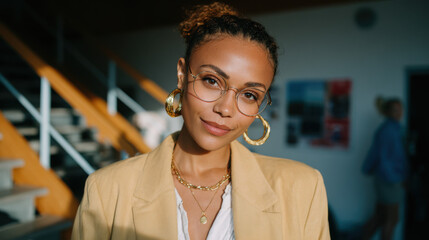 Confident young woman smiling and wearing fashion glasses indoors