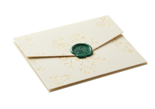 Isolated invitation envelope with decorative floral motif and dark green sealing wax stamper