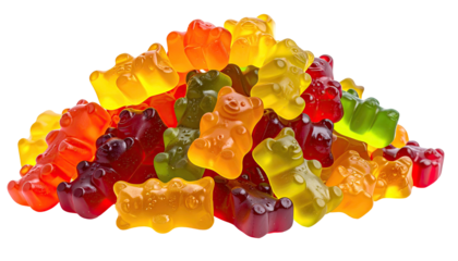 Colorful pile of gummy bears, various fruit flavors & textures