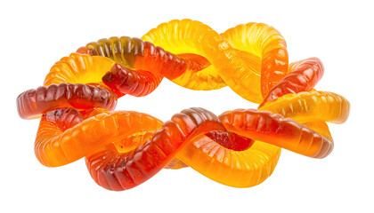 Swirl of vibrant, translucent gummy worms/rings on black background