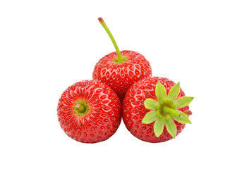Isolated fresh strawberries close-up, three red fruit group, ripe berries, healthy summer snack