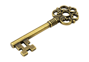 Isolated bronze vintage key, antique skeleton key for treasure, safe or lock box door