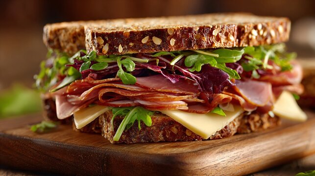 A sandwich near open cookbook, homely daylight tone