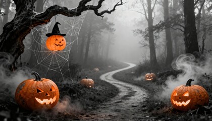 A spooky forest scene with a winding path. Jack-o'-lanterns are placed along the path, surrounded by fog and a spider web. A tree with a witch's hat adds to the Halloween atmosphere.