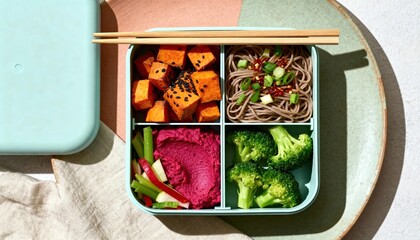 A colorful bento box filled with healthy food. It contains sweet potatoes, soba noodles, broccoli, and beet hummus. The box is placed on a light background.
