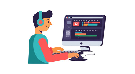 Creative Professional Editing Video on a Computer with Headphones for Digital Media