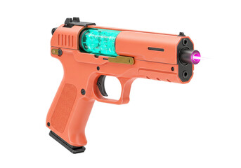 Isolated Futuristic Orange Ray Gun Toy Laser Beam, Sci-Fi Novelty Weapon, Studio Shot