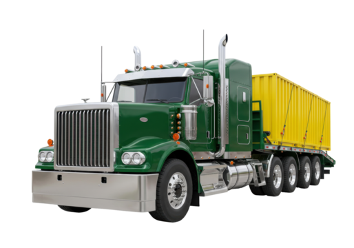 Isolated Green 18 Wheeler Hauling Yellow Trailer for Long-Haul Trucking Work, Vehicle Shot