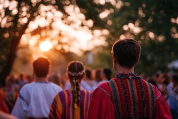 Obraz premium Participants embrace local traditions in a joyful sunset celebration