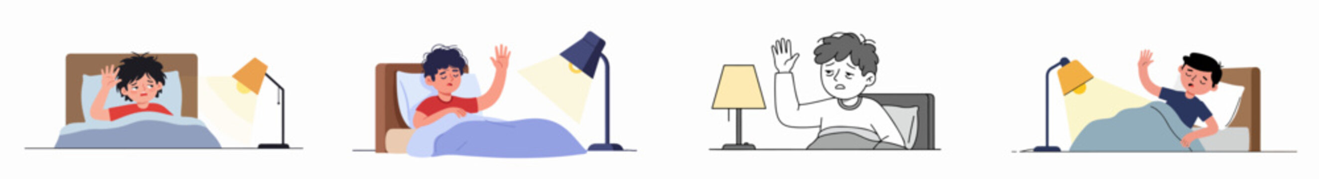 Annoyed young person covering their eyes from bright lamp light while waking up in bed. Sleep disturbance flat vector set.