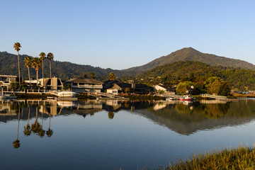 Mount Tamalpais, also known as Mt. Tam, a peak in Marin County, northern California, reflected in the still water of Corte Madera Creek.