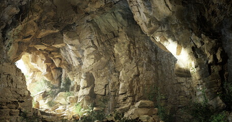 A stunning cave interior reveals textured stone walls and glowing light spots. Lush greenery peeks through openings, creating a serene natural atmosphere during daylight.