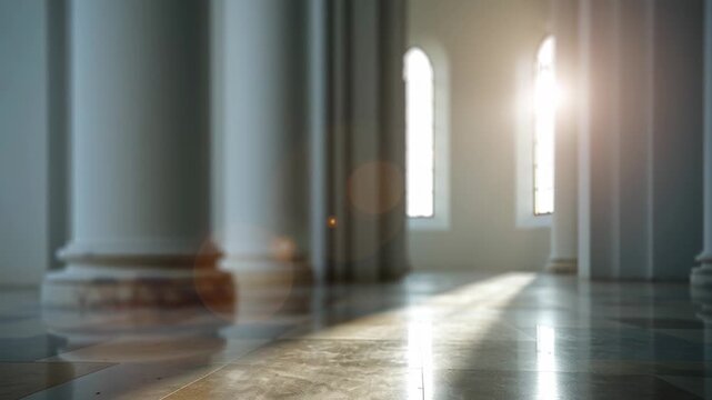 The grand hall with classical columns is illuminated by the gentle glow of the sun, creating long shadows on the polished marble floor. The interior exudes a sense of tranquility and serenity
