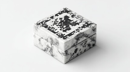 Obraz premium Stunning modern square gift box with unique black pixelated pattern and marble texture, perfect for luxury packaging and premium product presentation.