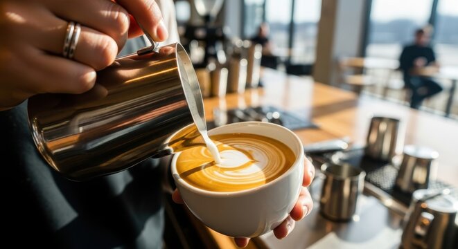 Pouring steamed milk into a cup of coffee creating latte art a close-up shot for coffee shop menus and barista training materials