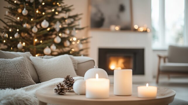 Cozy Scandinavian living room with burning candles and Christmas tree creating calm warm festive mood - Powered by Adobe