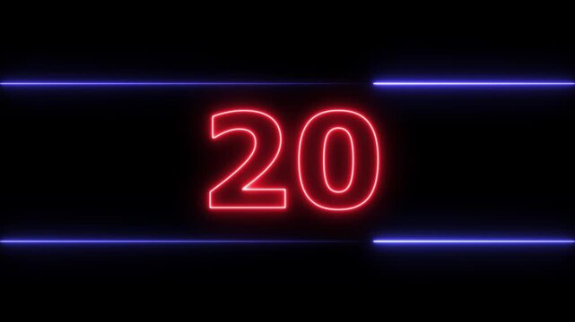 Glowing neon numbers from 0 to 25 countdown neon line and black background. Neon bright glowing countdown timer from 25 to 0.