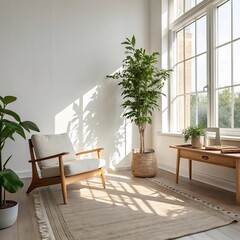 Minimal modern living room with white wall, wooden furniture, and green potted plant near window. Bright daylight, realistic shadows, clean and balanced composition, 8k, no text, no watermark.