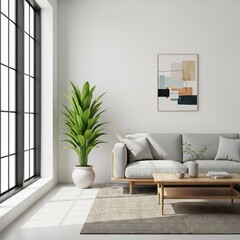 Minimal modern living room with white wall, wooden furniture, and green potted plant near window. Bright daylight, realistic shadows, clean and balanced composition, 8k, no text, no watermark.