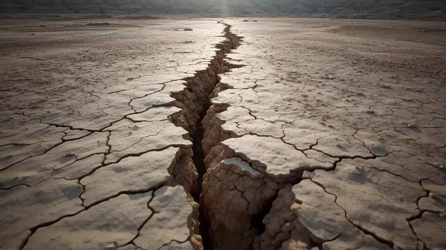 Desolate landscape with a gaping crevice cutting through the arid, parched ground. Illustrating the impact of water scarcity, environmental degradation, and the changing climate