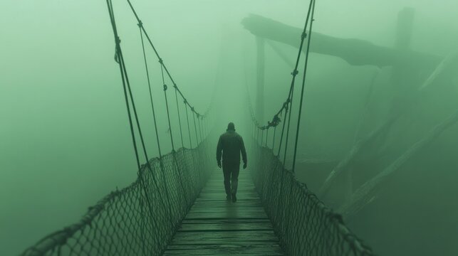 Fototapeta Solitary figure walking on a foggy rope bridge towards a mysterious structure.