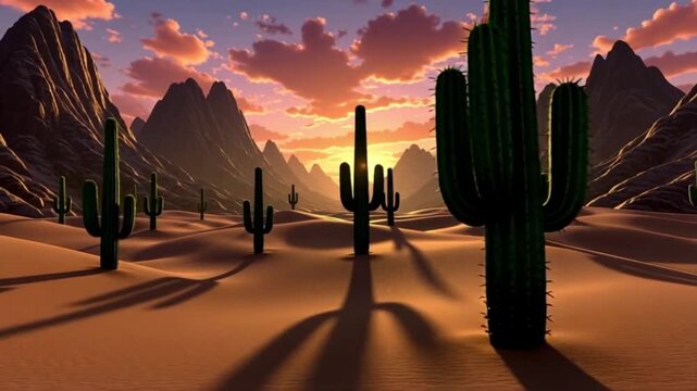 Majestic desert landscape at sunset with saguaro cacti casting long shadows across golden sand dunes and rugged mountains under a