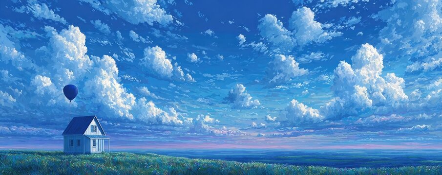 Little house floats on balloons in sky concept. A serene landscape featuring a house under a vast blue sky.