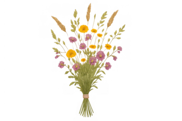 Wildflower bouquet illustration with yellow field flowers, pink clover, wheat, green leaves, rustic string, transparent background