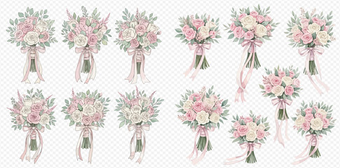 Elegant collection of watercolor wedding bouquets featuring pink and white roses with green foliage and delicate ribbons, perfect for bridal designs.