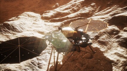 Precision instruments on the Mars lander collect data about the planets geology and climate while solar panels harness sunlight for energy in this otherworldly environment. © icetray