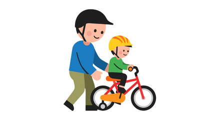 Father Assisting Child in Learning Cycling with Protective Gear and a Supportive Hand