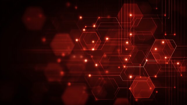 Dynamic digital network grid with glowing red nodes and hexagonal connections symbolizes futuristic data flow and advanced technology.