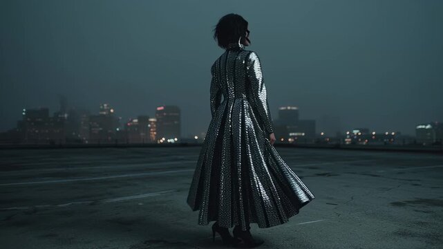 Stylish young black woman in a shimmering silver jacket twirling on a rooftop in the city at night. Confident and glamorous female model striking a pose