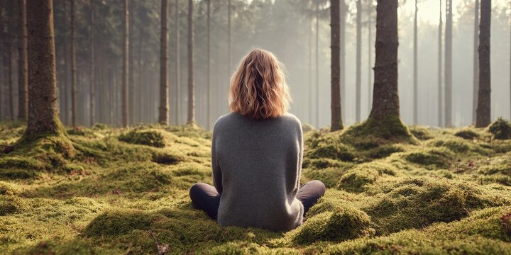 A person sitting alone in a forest, surrounded by moss and trees. The sunlight filters softly through the branches, creating a calm and peaceful atmosphere. The person appears to be resting