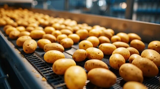 A conveyor belt filled with fresh, yellow potatoes in a processing facility. The scene showcases agricultural production and food processing.
