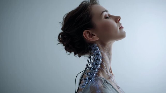 Portrait of a modern female cyborg showcasing her bionic spinal implant as she elegantly raises her head. Cutting edge technology fused seamlessly with human anatomy