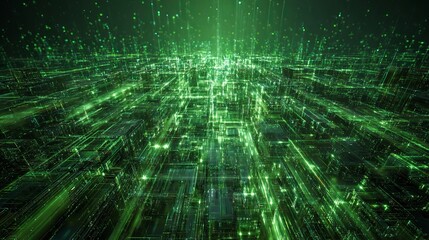 Dynamic green digital cityscape with glowing lines and particles creates a futuristic technological landscape for innovation and data.