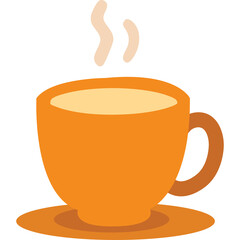 Orange Ceramic Coffee Cup with Saucer Filled with Hot Beverage Emitting Steam on a Transparent Background