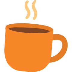 Orange ceramic mug filled with dark beverage emitting warm steam against a transparent background representing a hot drink for morning or evening refreshment