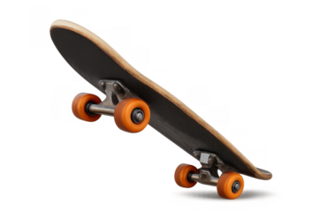 Skateboard with orange wheels for extreme sport, urban recreation, and youth culture, transparent background