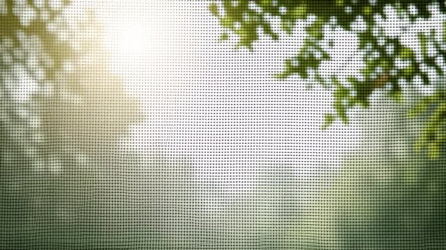 Green, hazy natural landscape is seen through a mosquito net in soft focus. The morning sun casts a bright light through the trees and leaves