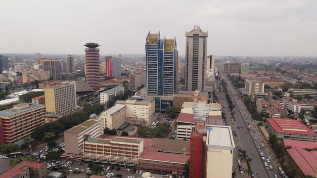 Aerial view of nairobi city skyline and urban traffic