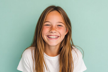Fototapeta premium Joyful girl laughing against yellow background